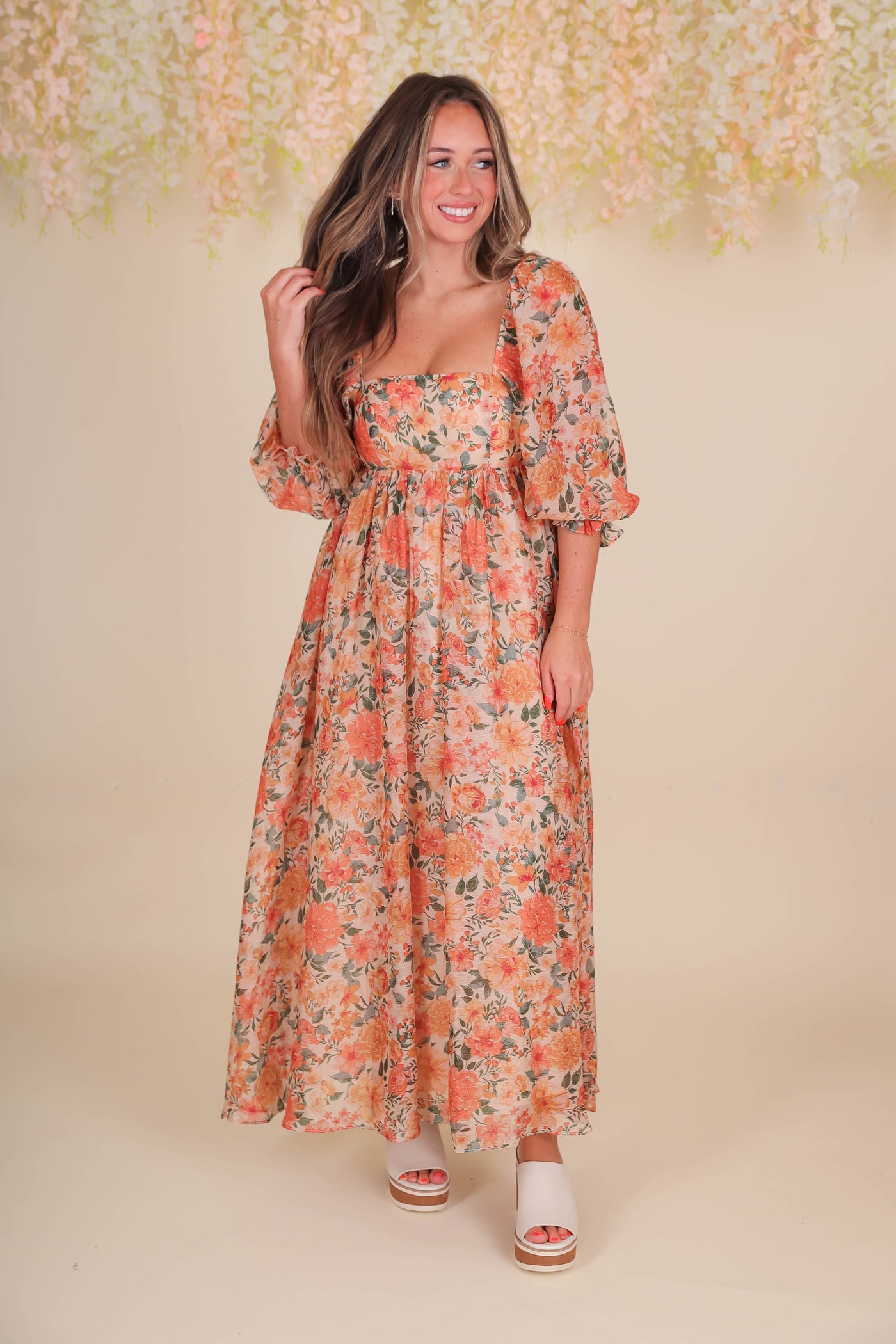 Women's Fall Floral Midi Dress- Beautiful Midi Dress- Storia Flower Dress