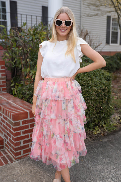 Ruffled Tulle Midi Skirt- Floral Print Midi Skirt- En Creme Pink Midi Skirt