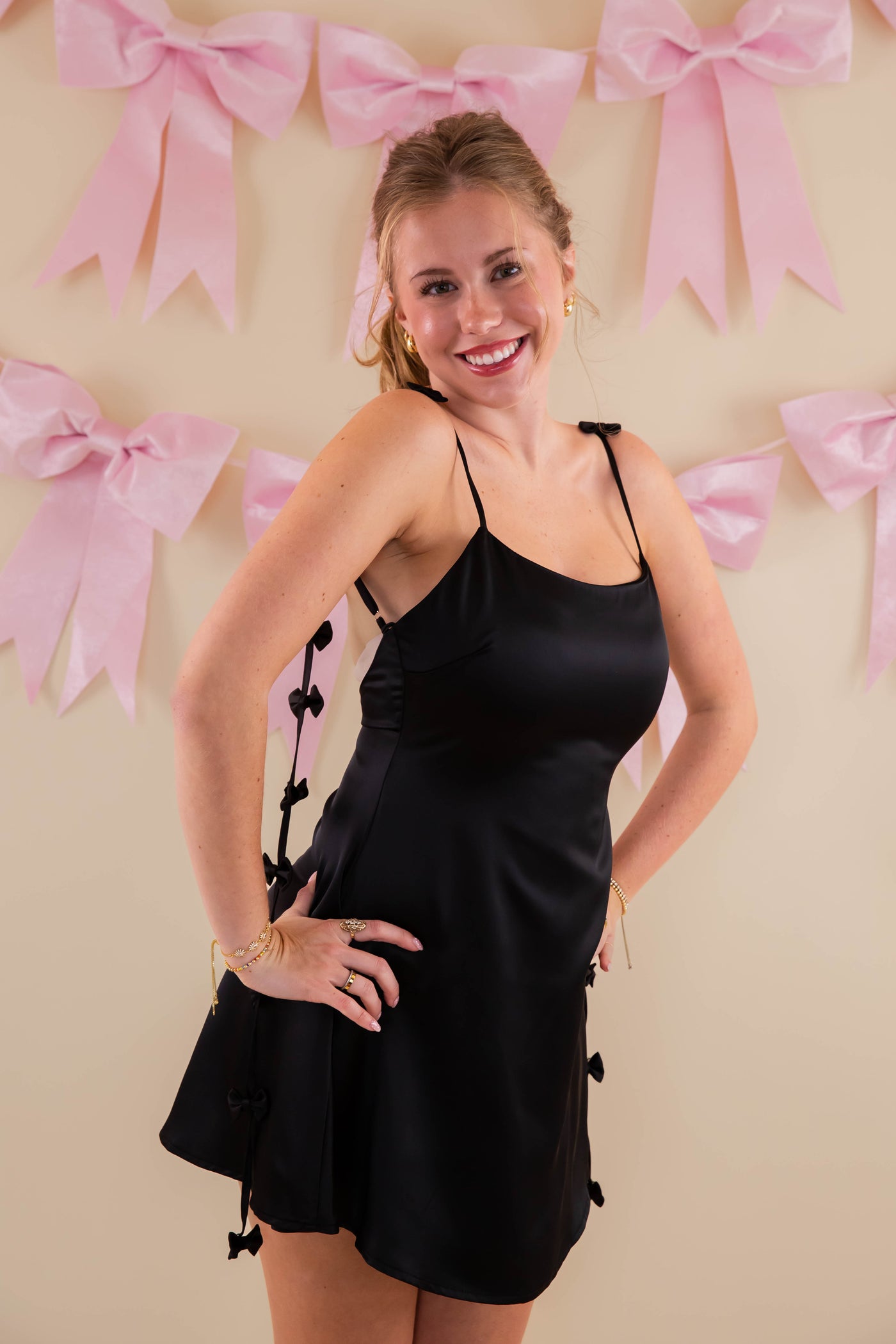 Little Black Dress With 3D Bow Straps- Black Mini Flare Dress- Lena Black Satin Dress