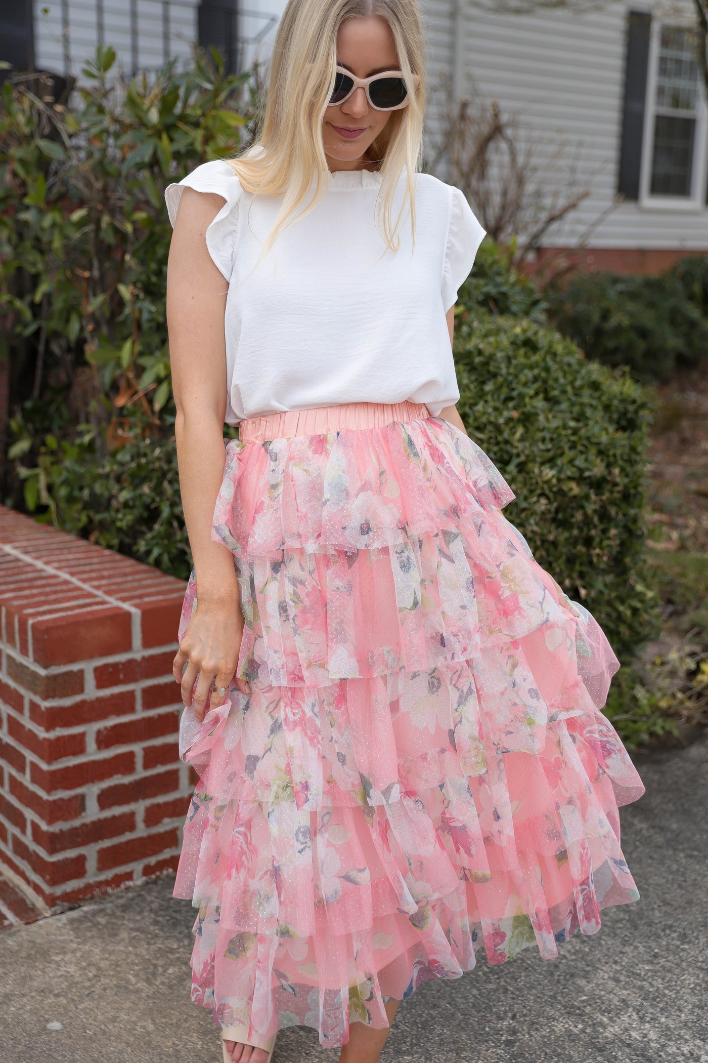 Ruffled Tulle Midi Skirt- Floral Print Midi Skirt- En Creme Pink Midi Skirt