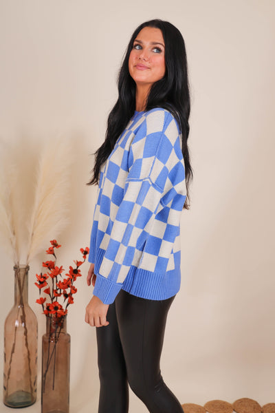 Women's Trendy Sweaters- Women's Blue and White Check Sweater- Women's Oversized Knit Sweater