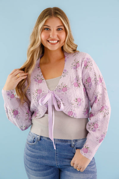 Satin Ribbon Cardigan- Women's Purple Floral Cardigan- Women's Luxury Sweaters