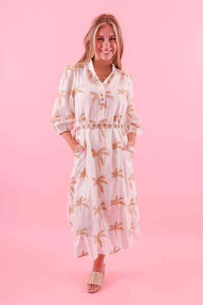 Embroidered Linen Midi Dress- Women's Palm Tree Dress- Ellison Dresses