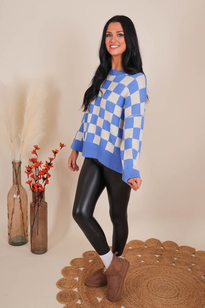 Women's Trendy Sweaters- Women's Blue and White Check Sweater- Women's Oversized Knit Sweater