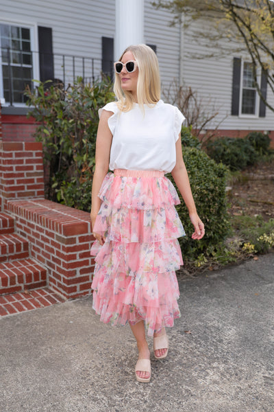 Ruffled Tulle Midi Skirt- Floral Print Midi Skirt- En Creme Pink Midi Skirt