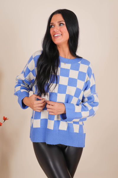 Women's Trendy Sweaters- Women's Blue and White Check Sweater- Women's Oversized Knit Sweater