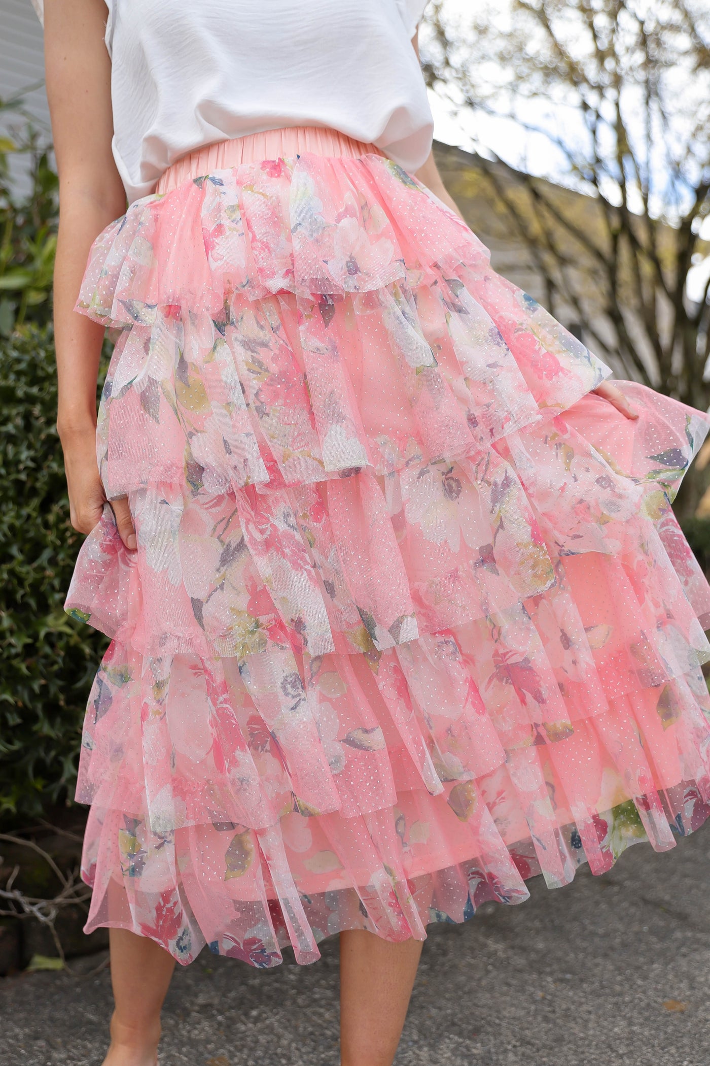 Ruffled Tulle Midi Skirt- Floral Print Midi Skirt- En Creme Pink Midi Skirt