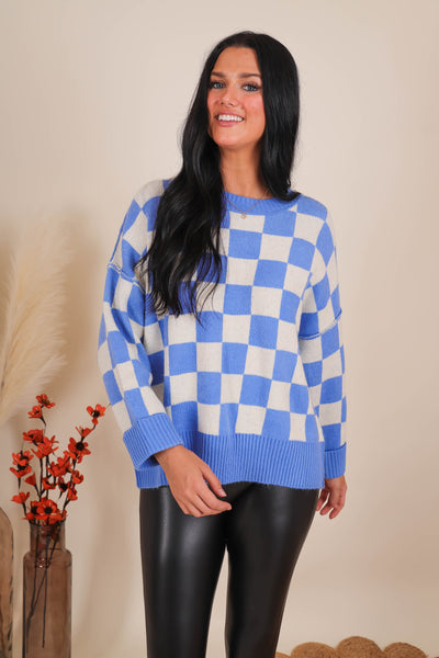 Women's Trendy Sweaters- Women's Blue and White Check Sweater- Women's Oversized Knit Sweater