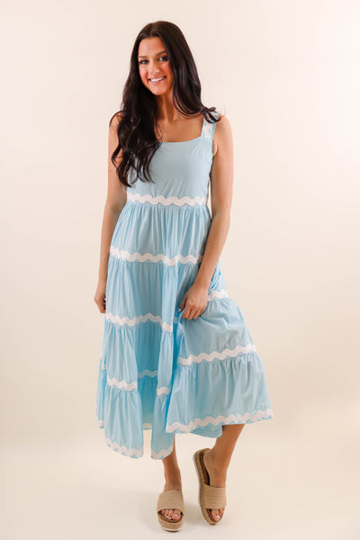 Tiered Ric-Rac Trim Maxi Dress- Women's Bright Blue Maxi- &Merci Maxi Dress