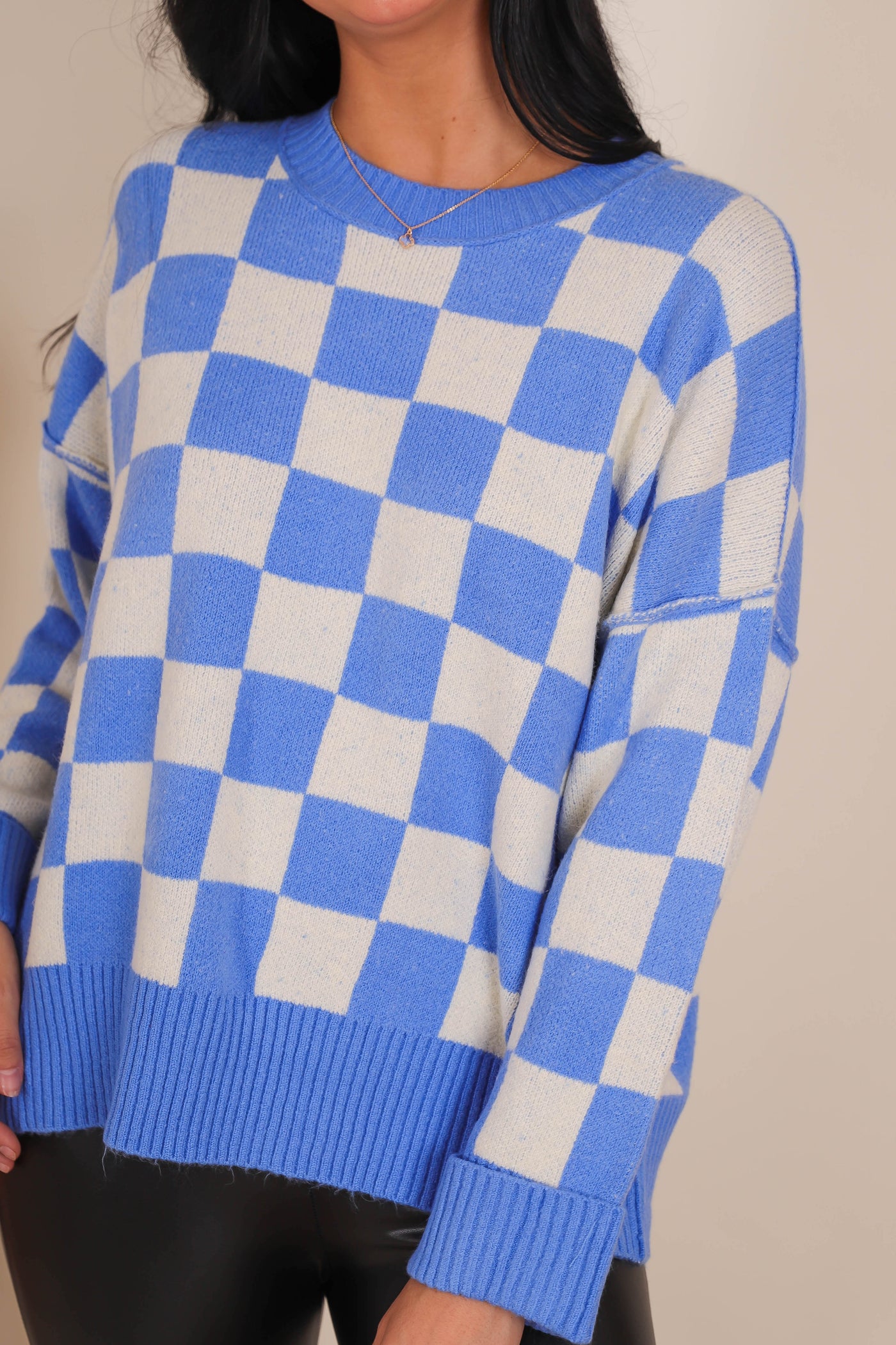 Women's Trendy Sweaters- Women's Blue and White Check Sweater- Women's Oversized Knit Sweater