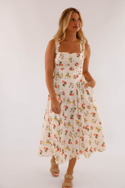 Drop Waist Midi Dress- Women's Floral Print Midi- Vintage Inspired Dresses