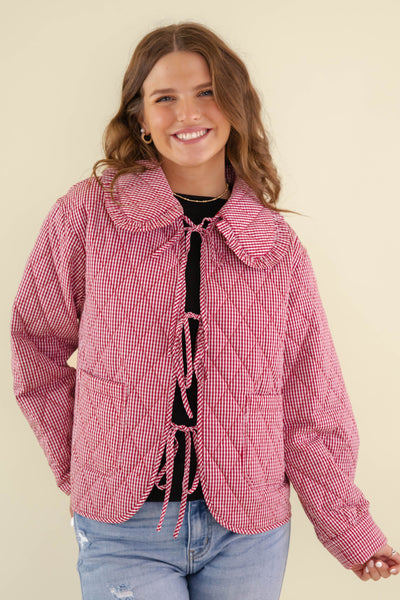 Women's Red Gingham Quilted Jacket- Vintage Style Jackets- Women's Ruffle Collar Jacket