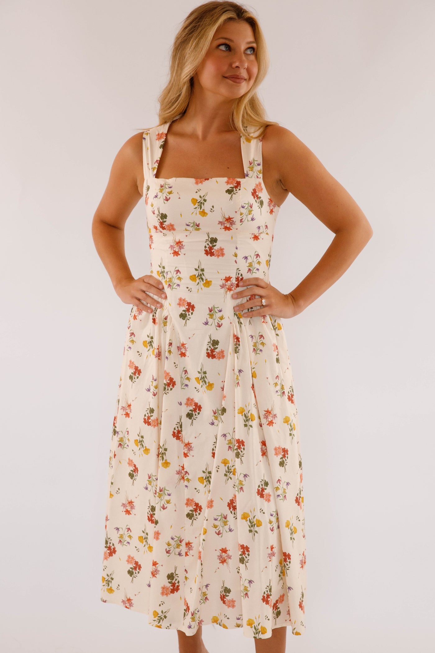 Drop Waist Midi Dress- Women's Floral Print Midi- Vintage Inspired Dresses
