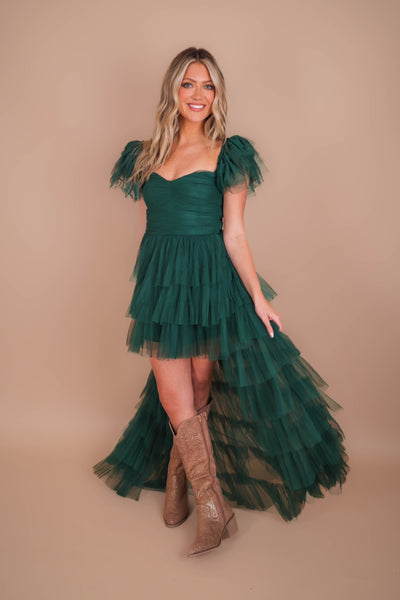 Women's Tulle Gown- Women's Green Tulle Maxi Dress- Luxxel Tulle Off The Shoulder Maxi 