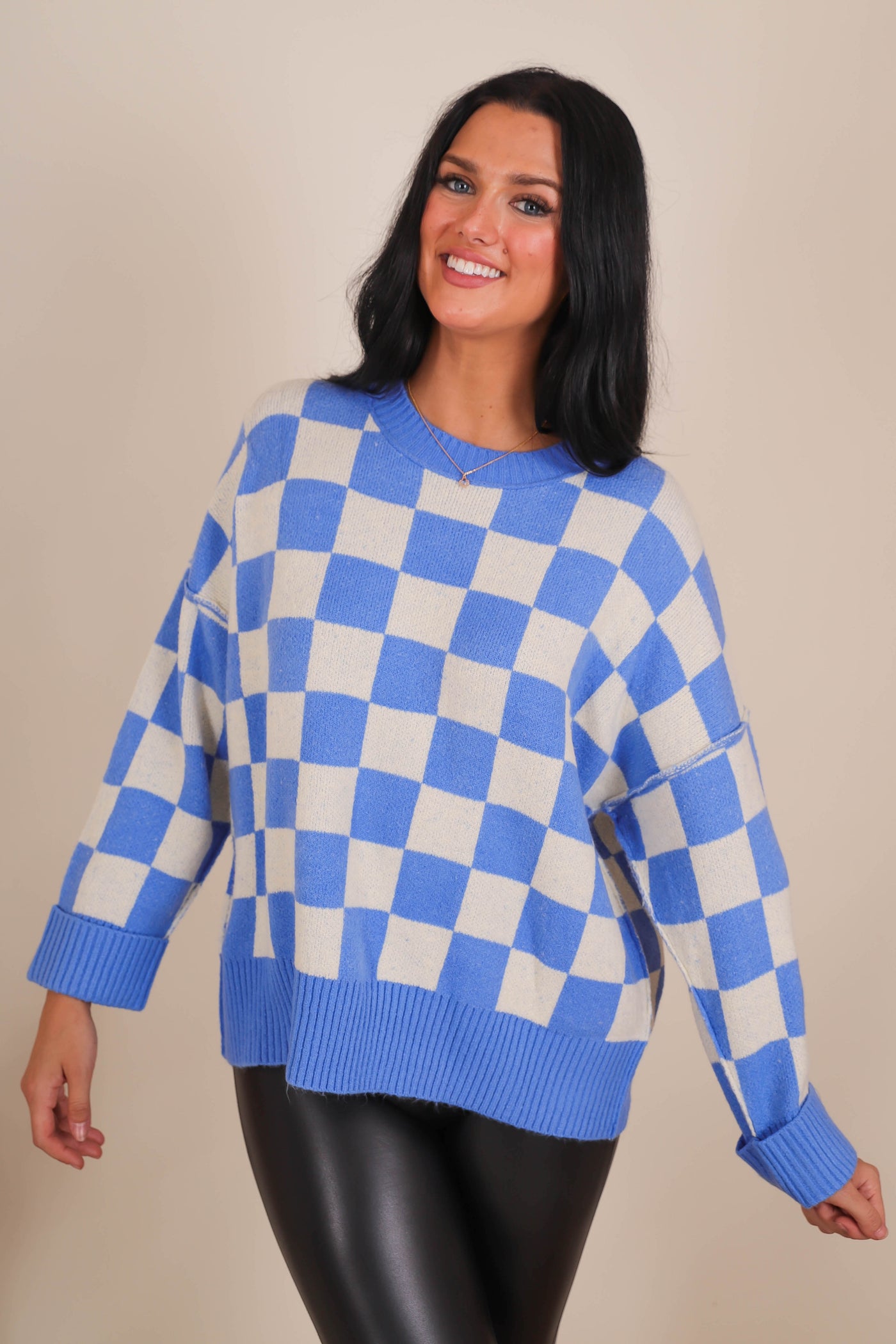 Women's Trendy Sweaters- Women's Blue and White Check Sweater- Women's Oversized Knit Sweater