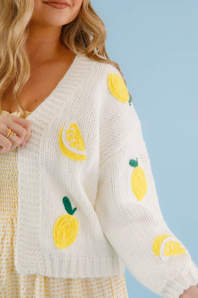 Embroidered Lemon Cardigan- Women's Lemon Fruit Sweater- Preppy Tops for Women