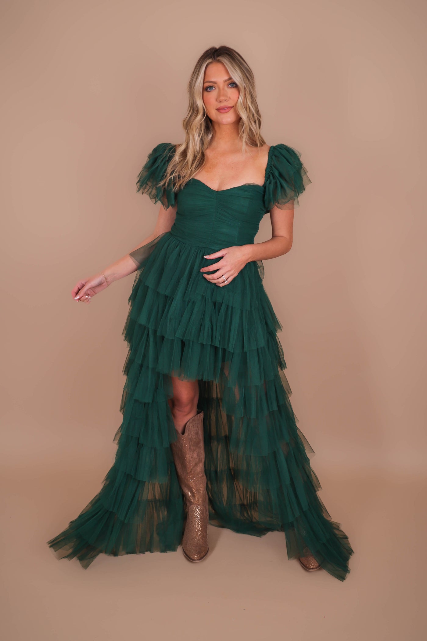 Women's Tulle Gown- Women's Green Tulle Maxi Dress- Luxxel Tulle Off The Shoulder Maxi 