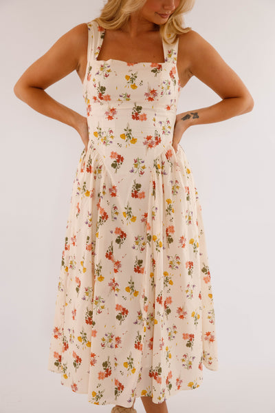 Drop Waist Midi Dress- Women's Floral Print Midi- Vintage Inspired Dresses