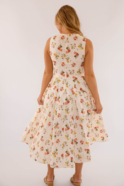 Drop Waist Midi Dress- Women's Floral Print Midi- Vintage Inspired Dresses