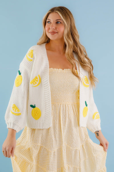 Embroidered Lemon Cardigan- Women's Lemon Fruit Sweater- Preppy Tops for Women