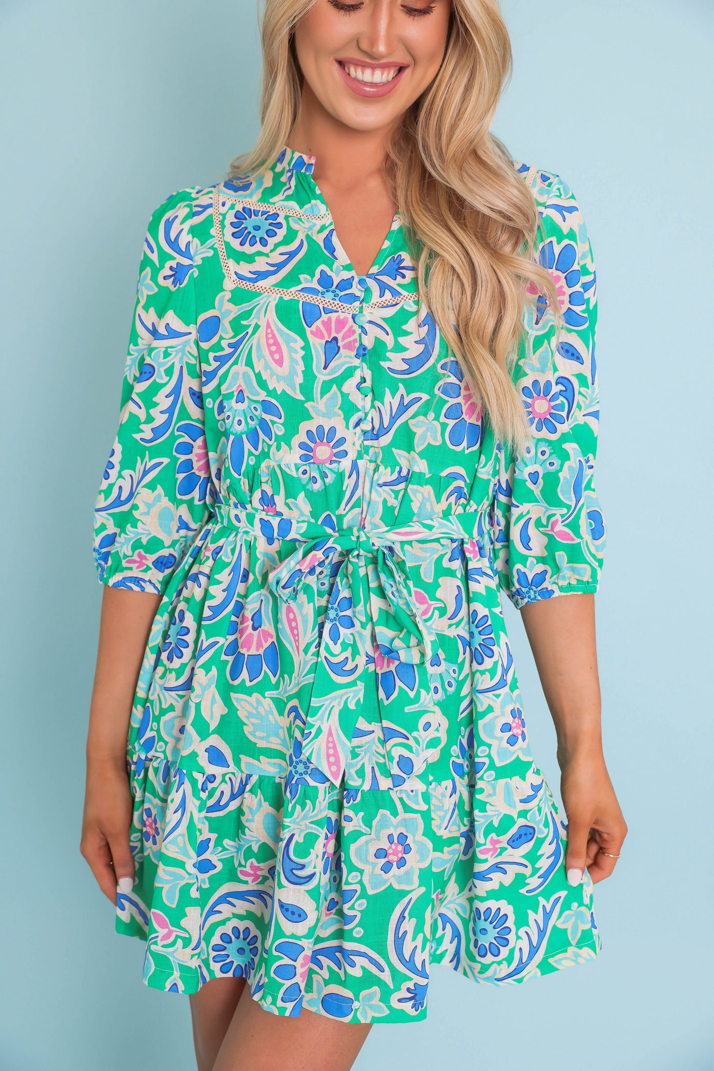 Women's Bright Floral Dress- Women's Preppy Dresses- Umgee Print Mini Dress