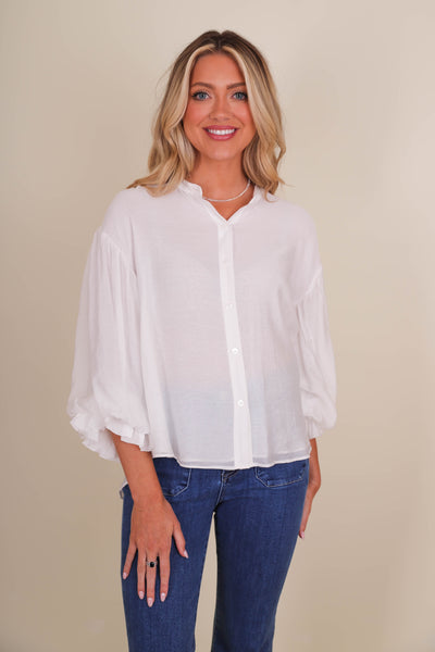 Puff Sleeve Button Down Blouse- Women's Preppy Tops- FATE Button Down Blouse