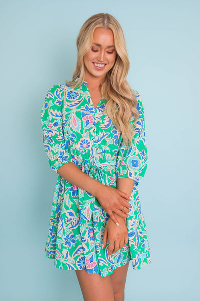 Women's Bright Floral Dress- Women's Preppy Dresses- Umgee Print Mini Dress