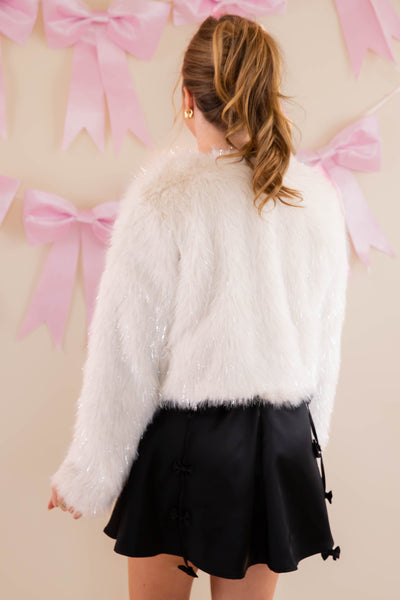 Ivory Fur Jacket With Silver Tinsel- Shimmering Ivory Fur Jacket- Affordable Fur Jacket