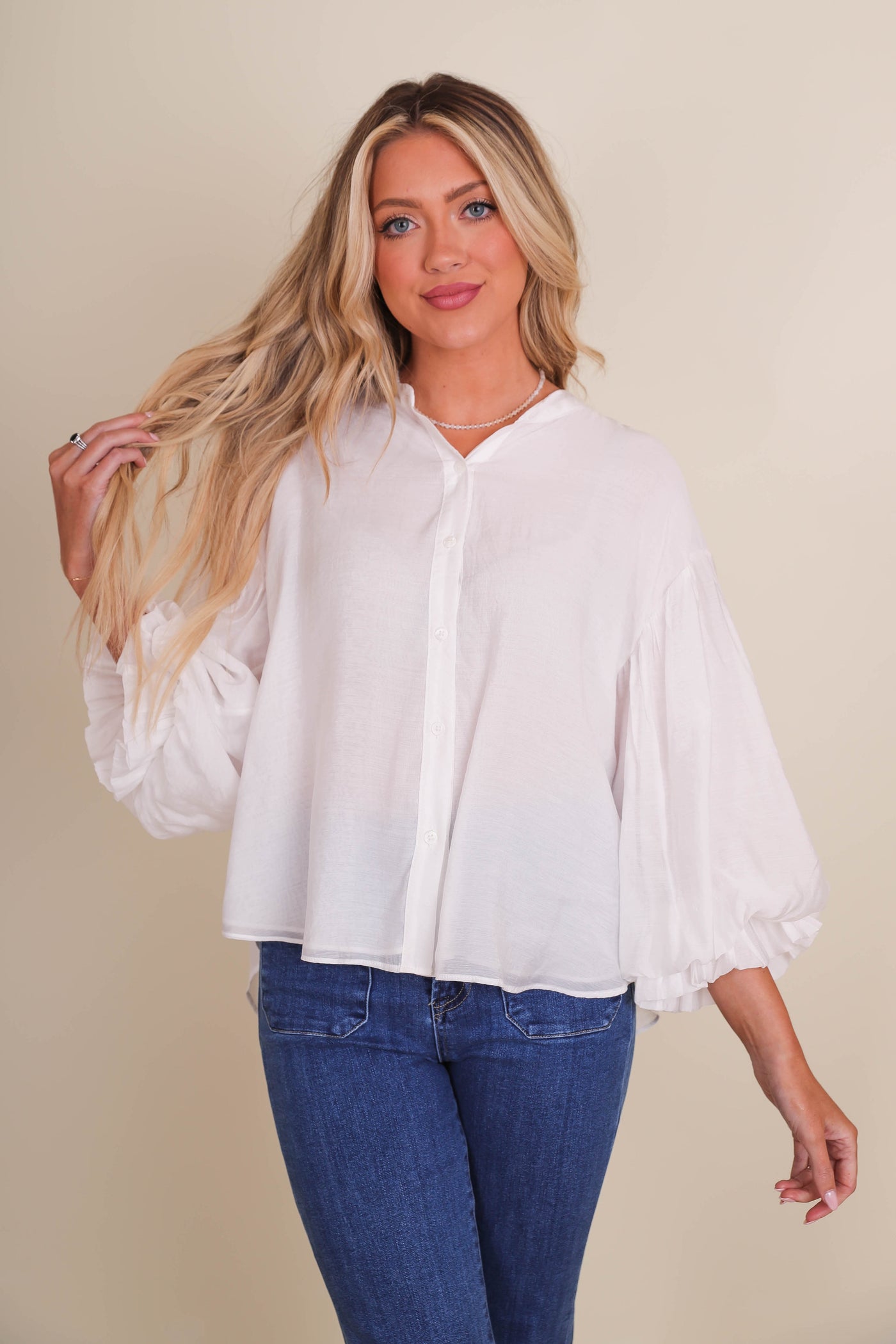 Puff Sleeve Button Down Blouse- Women's Preppy Tops- FATE Button Down Blouse