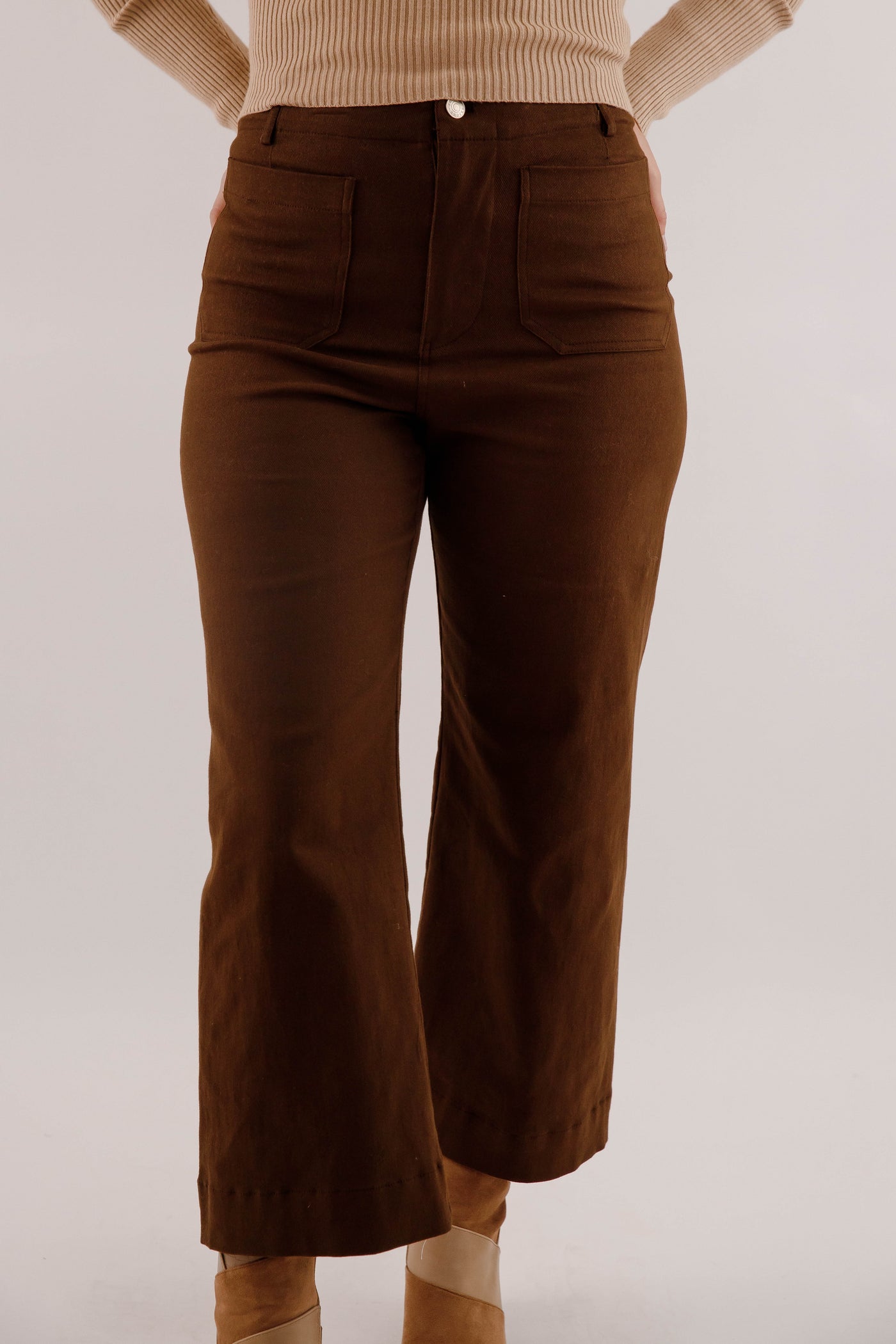Wide Leg Brown Denim- Women's Front Pocket Jeans- Trendy Style Jeans