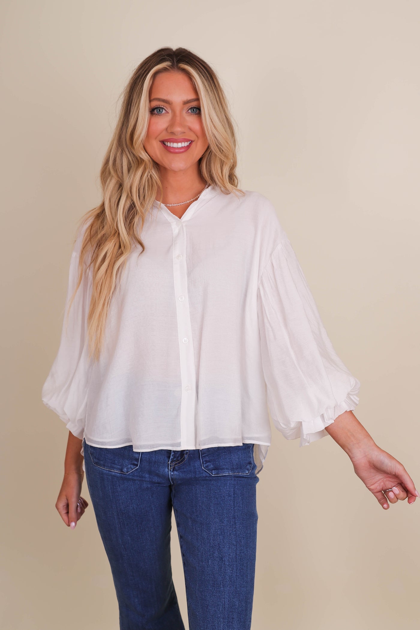 Puff Sleeve Button Down Blouse- Women's Preppy Tops- FATE Button Down Blouse