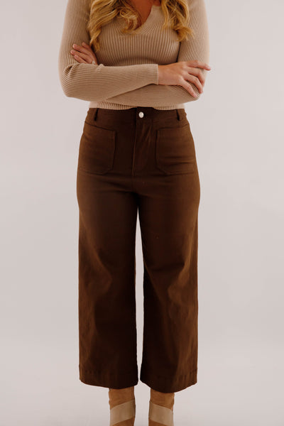 Wide Leg Brown Denim- Women's Front Pocket Jeans- Trendy Style Jeans