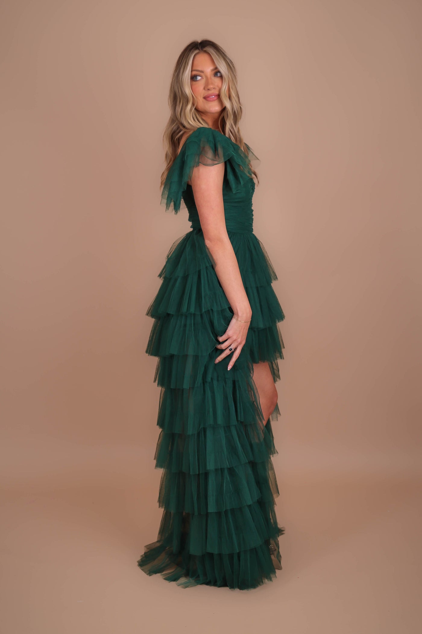 Women's Tulle Gown- Women's Green Tulle Maxi Dress- Luxxel Tulle Off The Shoulder Maxi 