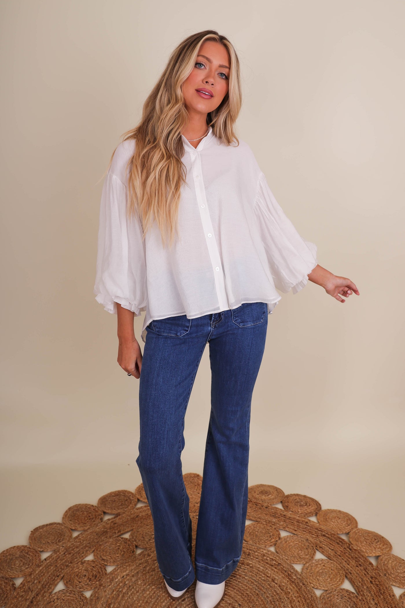 Puff Sleeve Button Down Blouse- Women's Preppy Tops- FATE Button Down Blouse