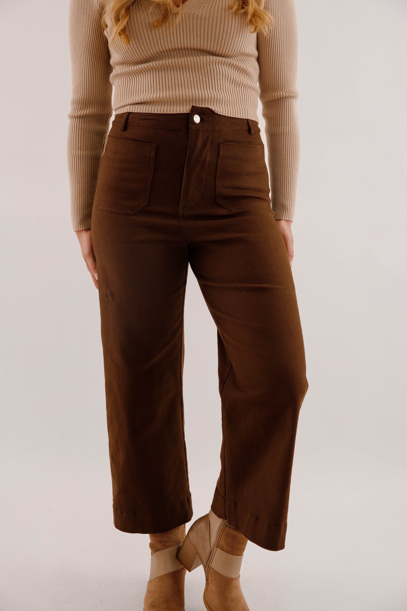 Wide Leg Brown Denim- Women's Front Pocket Jeans- Trendy Style Jeans