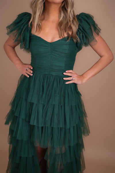 Women's Tulle Gown- Women's Green Tulle Maxi Dress- Luxxel Tulle Off The Shoulder Maxi 