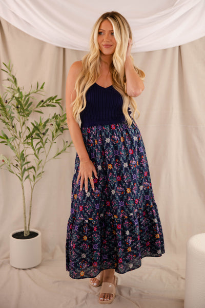 Floral Print Midi Dress- Navy Sweater Midi Dress- Skies Are Blue Dress