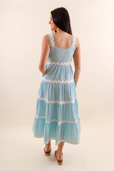 Tiered Ric-Rac Trim Maxi Dress- Women's Bright Blue Maxi- &Merci Maxi Dress