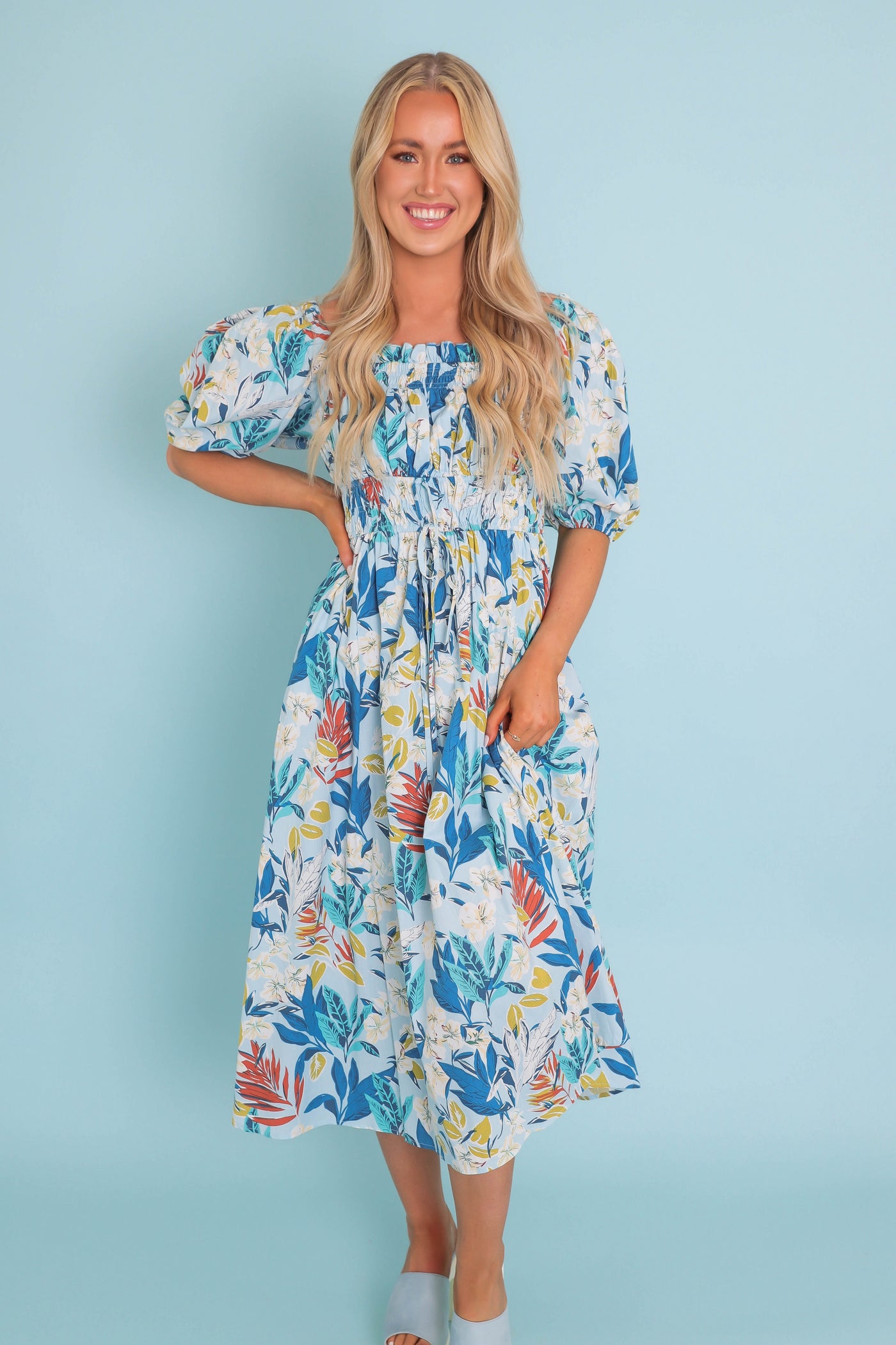 Women's Tropical Print Midi Dress- Women's Puff Sleeve Midi Dress- &Merci Printed Dresses