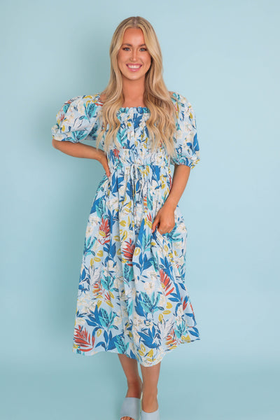 Women's Tropical Print Midi Dress- Women's Puff Sleeve Midi Dress- &Merci Printed Dresses