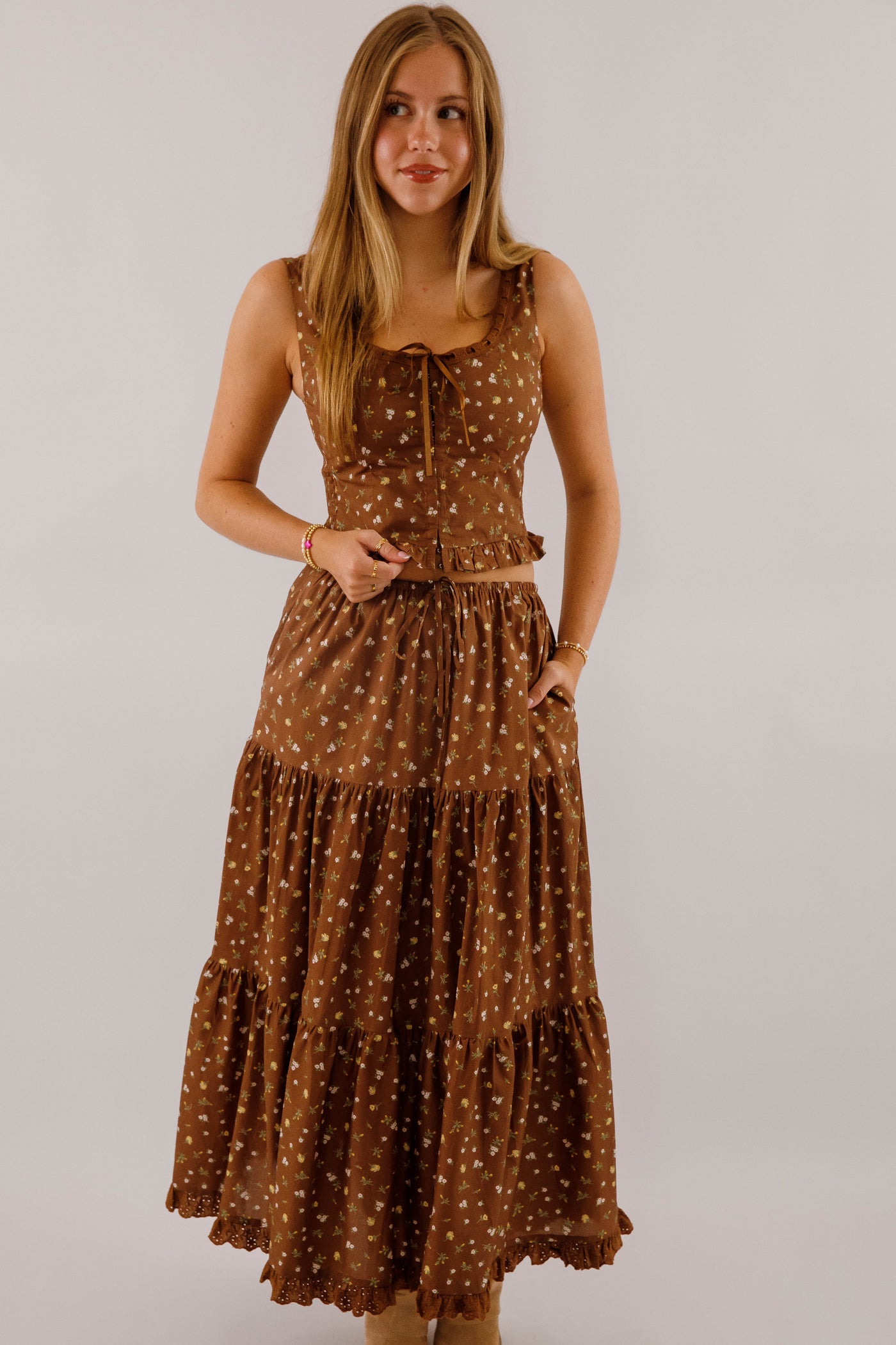 Floral Ribbon Corset With Eyelet Trim- Women's Brown Floral Two Piece Set