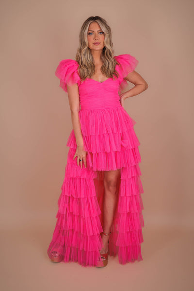 Women's Tulle Gown- Women's Hot Pink Tulle Maxi Dress- Luxxel Tulle Off The Shoulder Maxi 