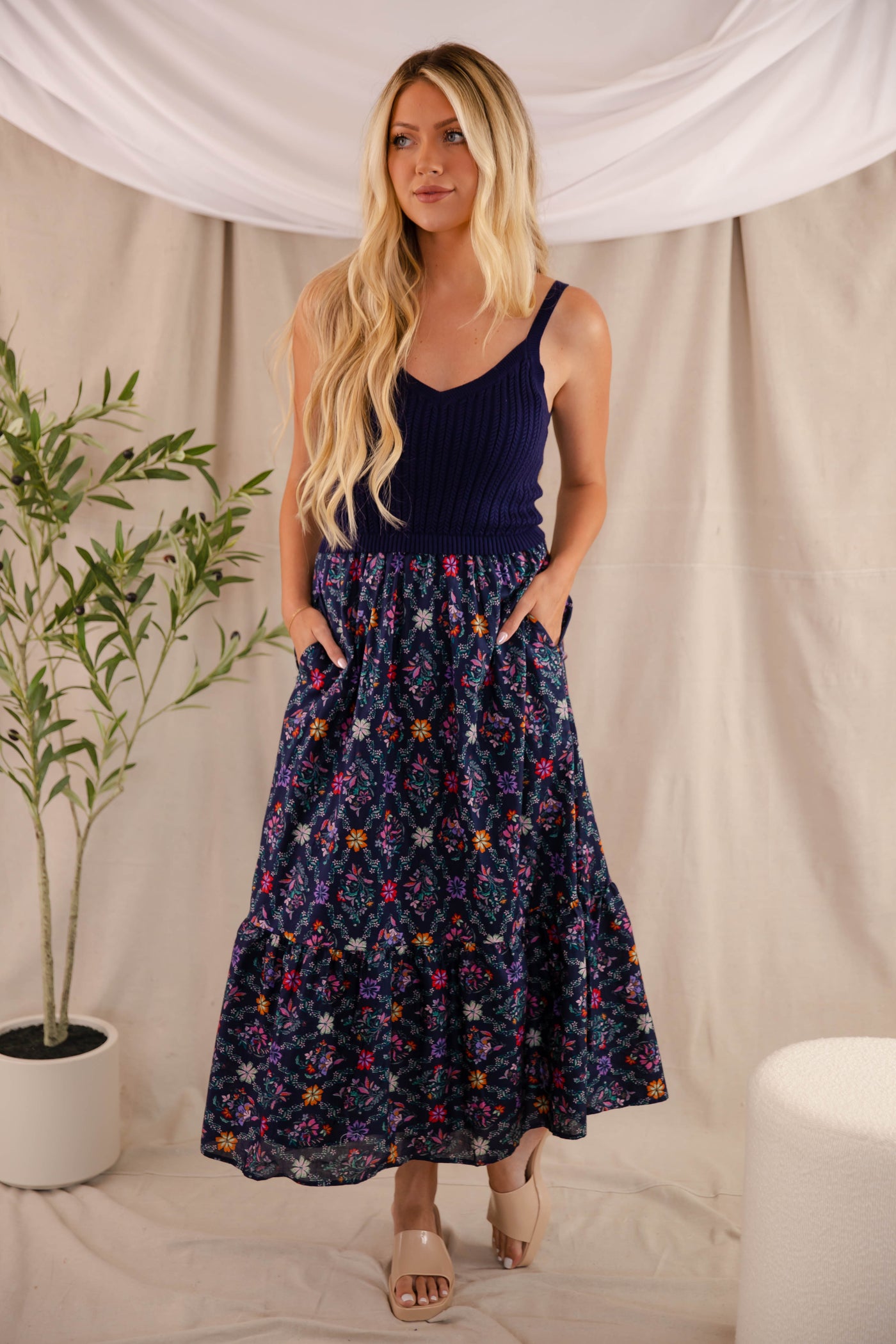 Floral Print Midi Dress- Navy Sweater Midi Dress- Skies Are Blue Dress