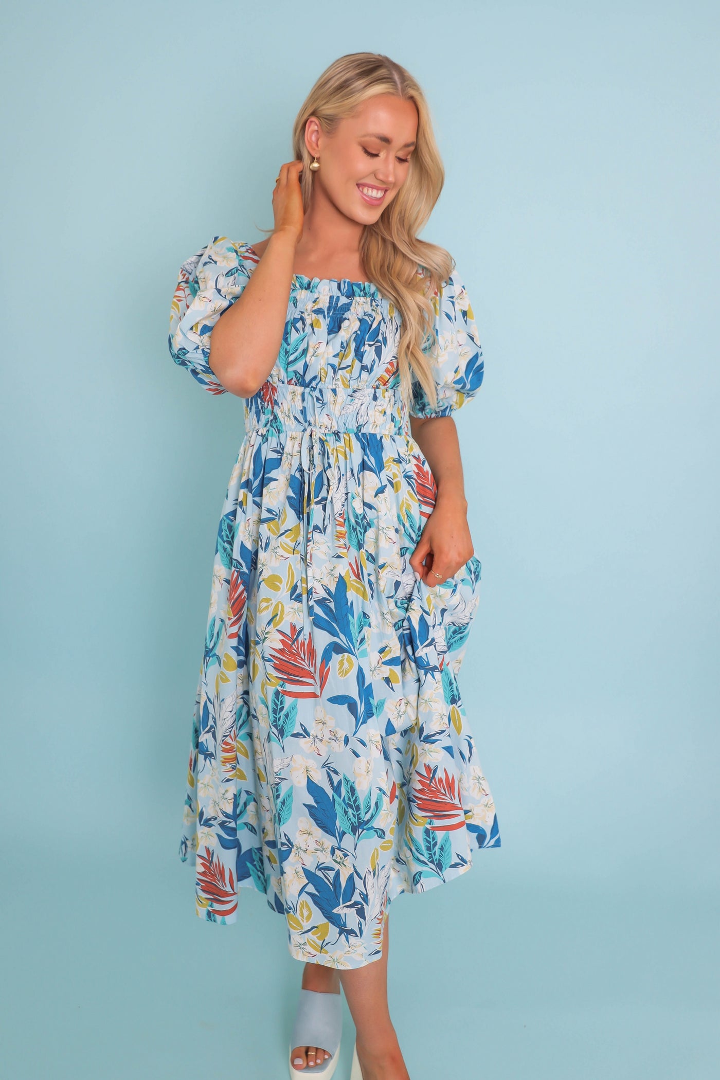 Women's Tropical Print Midi Dress- Women's Puff Sleeve Midi Dress- &Merci Printed Dresses