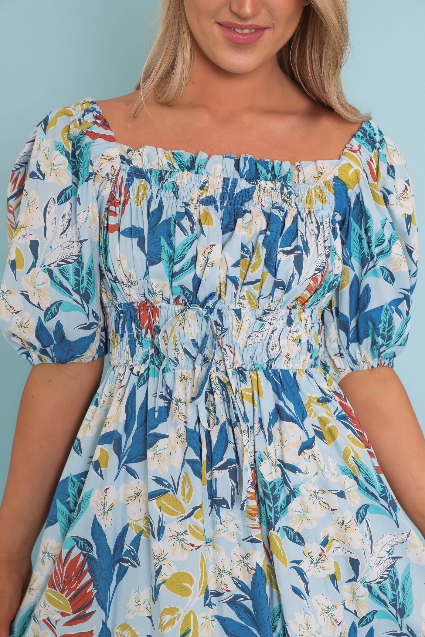 Women's Tropical Print Midi Dress- Women's Puff Sleeve Midi Dress- &Merci Printed Dresses