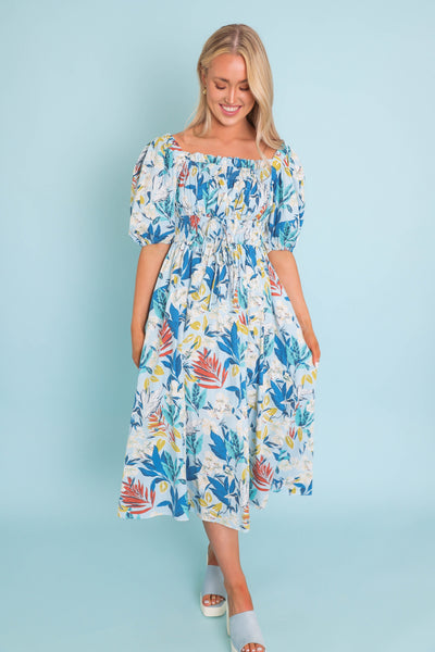 Women's Tropical Print Midi Dress- Women's Puff Sleeve Midi Dress- &Merci Printed Dresses