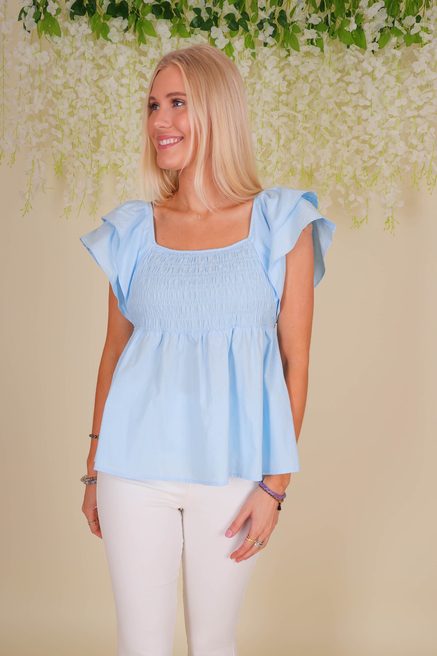 Women's Smocked Ruffle Top- Women's Blue Cotton Blouse- Umgee Tops