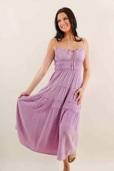 Purple Mineral Wash Midi Dress- Comfortable Cotton Gauzy Dress- She + Sky Mineral Wash Dress