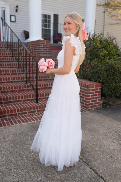 White Tulle Maxi Dress- Women's Cocktail Dresses- Mable White Tulle Dress