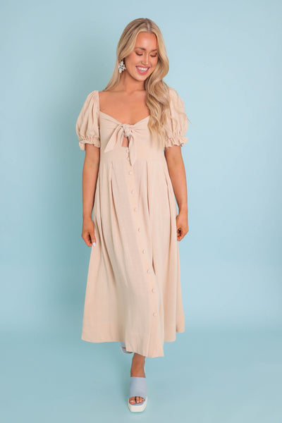 Women's Beige Linen Midi Dress- Pretty Summer Linen Dress- Mable Midi Dresses